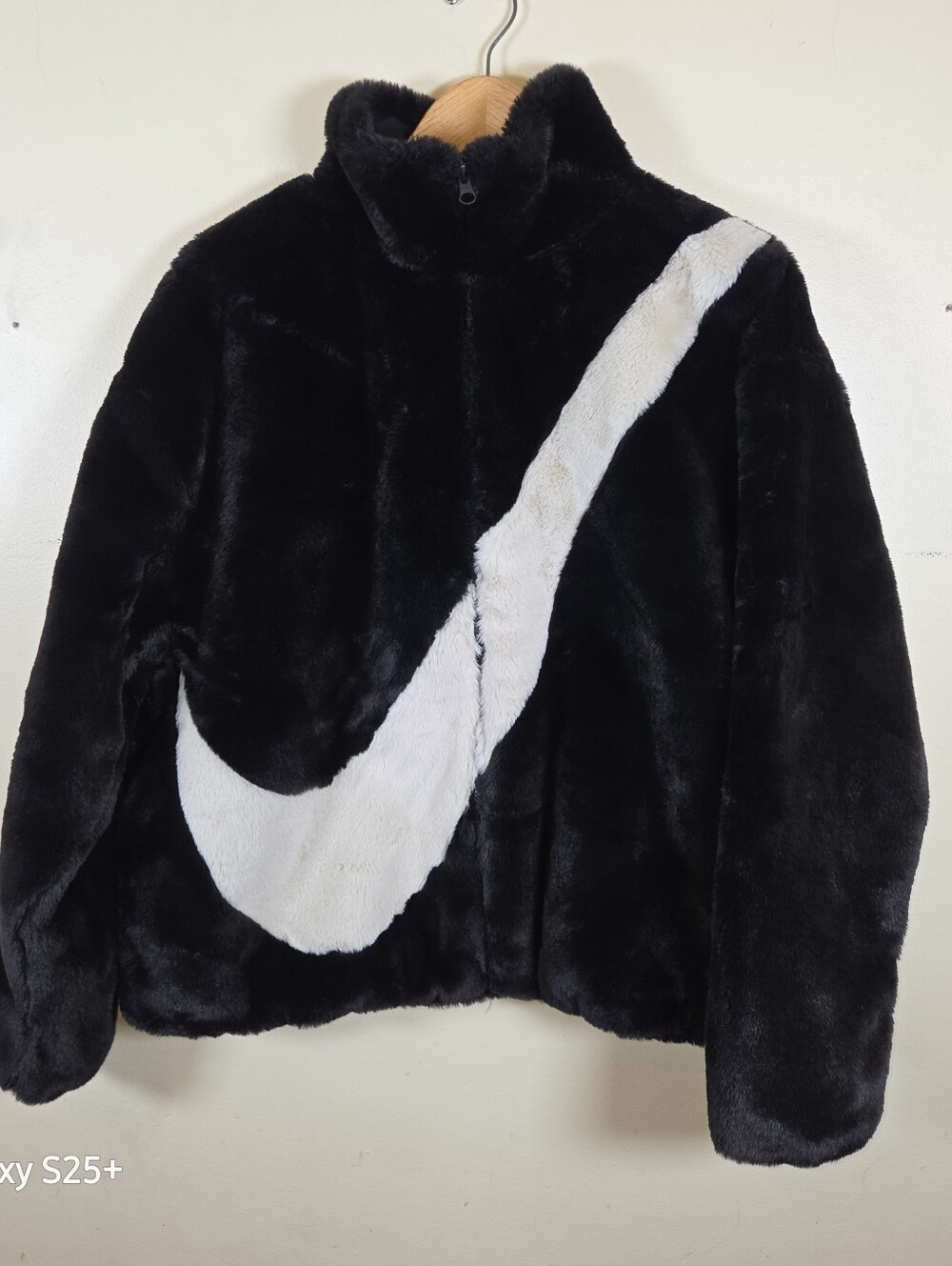 Nike Faux Fur Jacket Black White Swoosh Women's Size Large NWOT